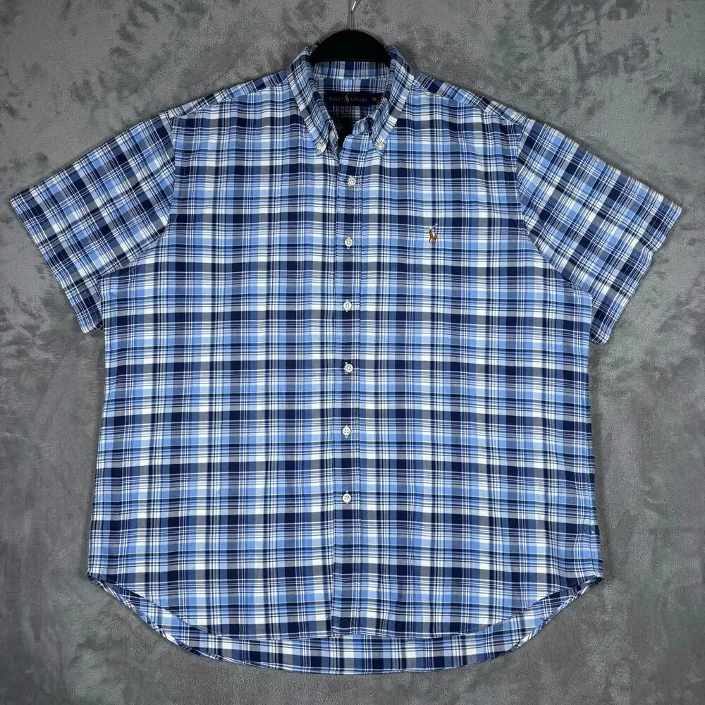 Polo Ralph Lauren Men XL Blue Plaid Multicolor Pony Short Sleeve Button Down